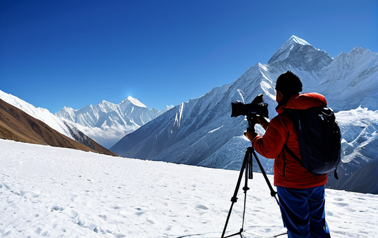 **Prompt 1: Majestic Himalayan Filming**
    A professional film crew, fully clothed in modest, practical outdoor attire suitable for mountainous terrain, respectfully capturing footage amidst the majestic Nepalese Himalayas. The scene features towering, snow-capped peaks under a clear, deep blue sky, with an expansive and serene mountain vista. Professional camera equipment and tripods are visible, suggesting a high-quality production. The overall atmosphere conveys a sense of awe and grand scale, showcasing the natural beauty of the region. safe for work, appropriate content, fully clothed, professional, perfect anatomy, correct proportions, natural pose, well-formed hands, proper finger count, natural body proportions, professional photography, cinematic lighting, high quality, family-friendly.
