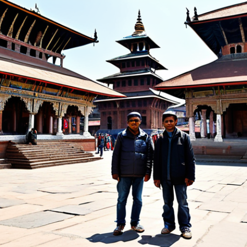 **Prompt:** Ancient Durbar Square, Kathmandu, with ornate temples and carvings, fully clothed tourists respectfully observing, appropriate attire, daytime, bright sunlight, perfect anatomy, correct proportions, natural pose, safe for work, appropriate content, professional, modest, family-friendly.