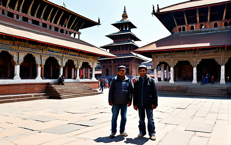 **Prompt:** Ancient Durbar Square, Kathmandu, with ornate temples and carvings, fully clothed tourists respectfully observing, appropriate attire, daytime, bright sunlight, perfect anatomy, correct proportions, natural pose, safe for work, appropriate content, professional, modest, family-friendly.