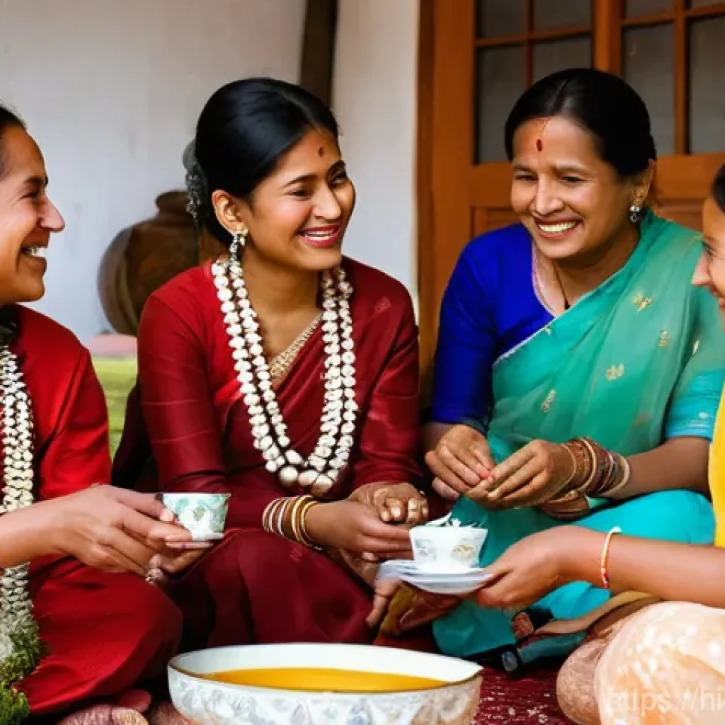 네팔의 전통적인 결혼식 풍습 - **A heartwarming scene of a Nepali 'Chewa' (engagement) ceremony.** Families are gathered in a tradi...