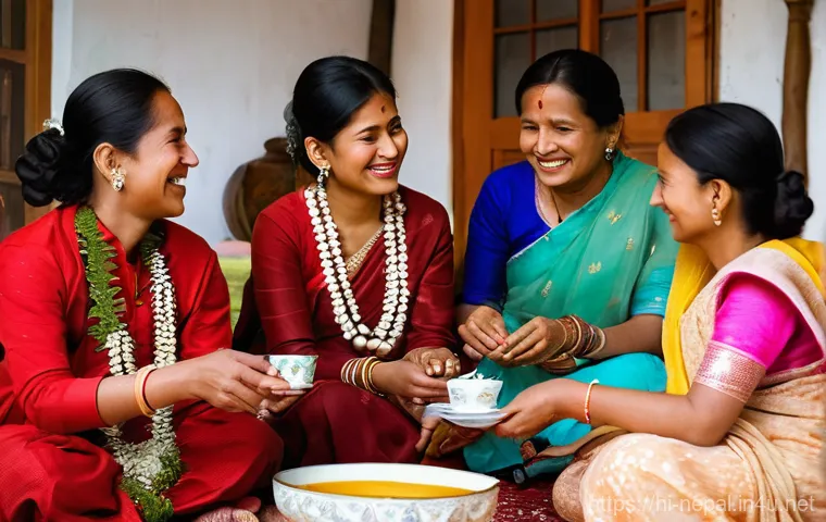 네팔의 전통적인 결혼식 풍습 - **A heartwarming scene of a Nepali 'Chewa' (engagement) ceremony.** Families are gathered in a tradi...
