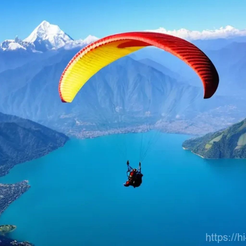 네팔에서의 모험 스포츠 비교 - **Prompt:** A breathtaking aerial view of a person paragliding high above Fewa Lake in Pokhara, Nepa...
