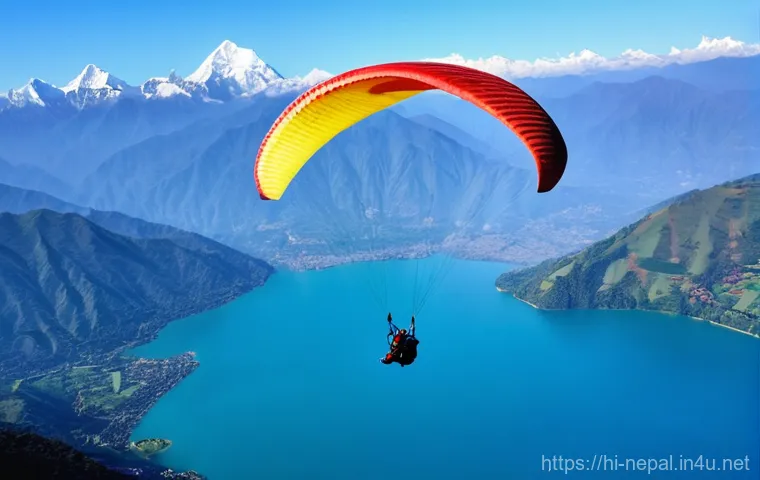 네팔에서의 모험 스포츠 비교 - **Prompt:** A breathtaking aerial view of a person paragliding high above Fewa Lake in Pokhara, Nepa...
