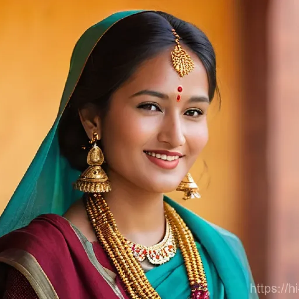 네팔의 특산물과 그 유래 - **Prompt:** A graceful Nepali woman, in her mid-twenties, with warm, radiant skin and dark, lustrous...
