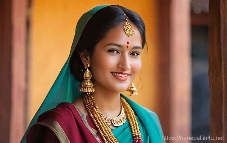 네팔의 특산물과 그 유래 - **Prompt:** A graceful Nepali woman, in her mid-twenties, with warm, radiant skin and dark, lustrous...