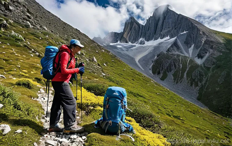 네팔 트레킹을 위한 체력 훈련법 - **Prompt 2: Trekking Journey & Mental Fortitude**
    "A male trekker, wearing layered, functional t...