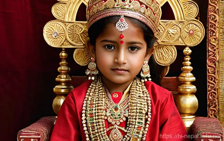 네팔의 특별한 의식과 종교 행사 - **Prompt for Kumari Devi:**
    "A majestic portrait of a young Nepalese Kumari Devi, approximately ...