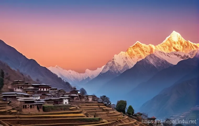 네팔의 독특한 자연 경관 - Prompt 1: Himalayan Dawn over a Serene Village**