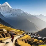 Home 13 네팔 중국 국경 트레킹 루트 - **Prompt 1: Himalayan Majesty and Cultural Harmony**
"A breathtaking panoramic view of the majes...