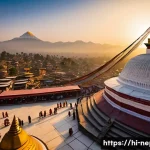 Home 17 네팔의 유명한 불교 사원들 - A detailed depiction of the Boudhanath Stupa in Kathmandu during sunrise, showcasing its massive whi...