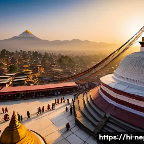 Home 11 네팔의 유명한 불교 사원들 - A detailed depiction of the Boudhanath Stupa in Kathmandu during sunrise, showcasing its massive whi...