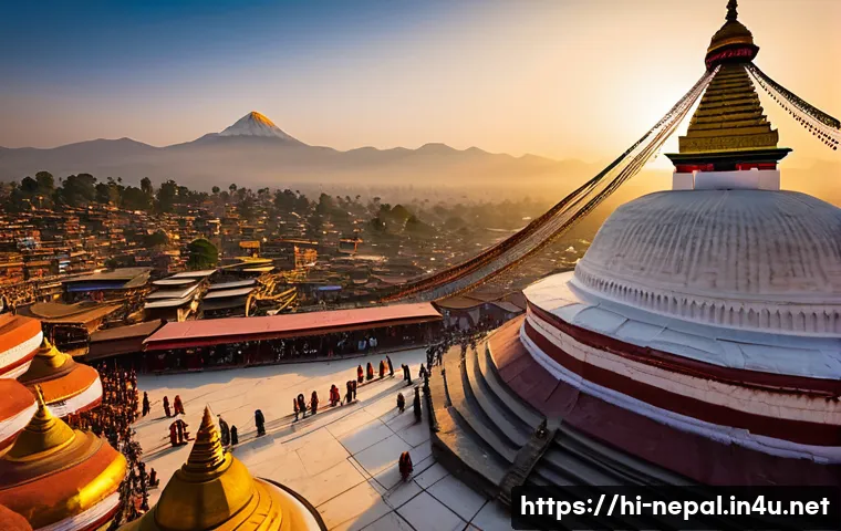 네팔의 유명한 불교 사원들 - A detailed depiction of the Boudhanath Stupa in Kathmandu during sunrise, showcasing its massive whi...