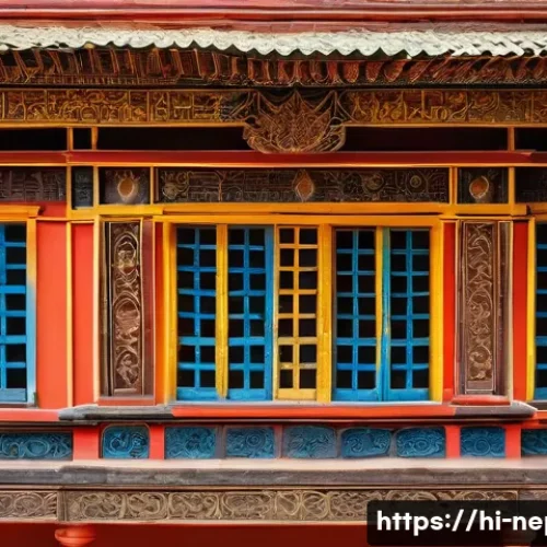 네팔의 독특한 건축 양식 - A traditional Nepalese house in Kathmandu, showcasing intricate wooden carvings on windows and doors...