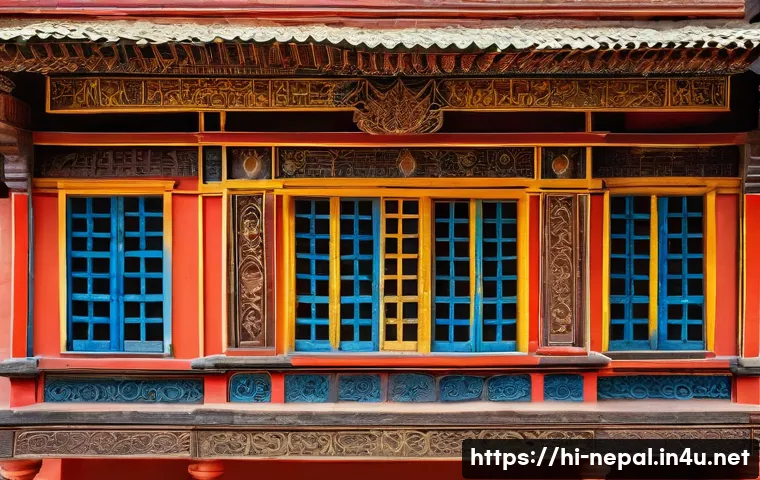 네팔의 독특한 건축 양식 - A traditional Nepalese house in Kathmandu, showcasing intricate wooden carvings on windows and doors...