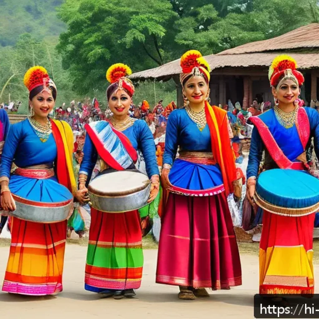 네팔의 유명한 전통 춤 - A vibrant traditional Nepali dance performance during a festive celebration in the Terai region, fea...