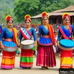 네팔의 유명한 전통 춤 - A vibrant traditional Nepali dance performance during a festive celebration in the Terai region, fea...
