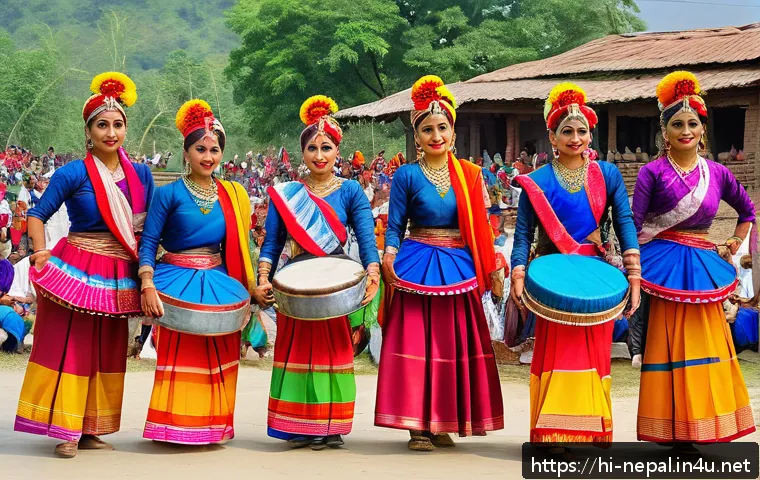 네팔의 유명한 전통 춤 - A vibrant traditional Nepali dance performance during a festive celebration in the Terai region, fea...