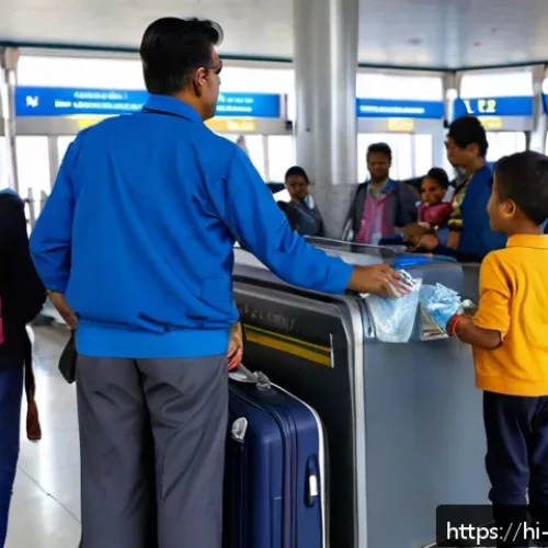 네팔의 공항 이용 팁 - A detailed scene of a busy Nepal airport security checkpoint with diverse travelers in casual, modes...