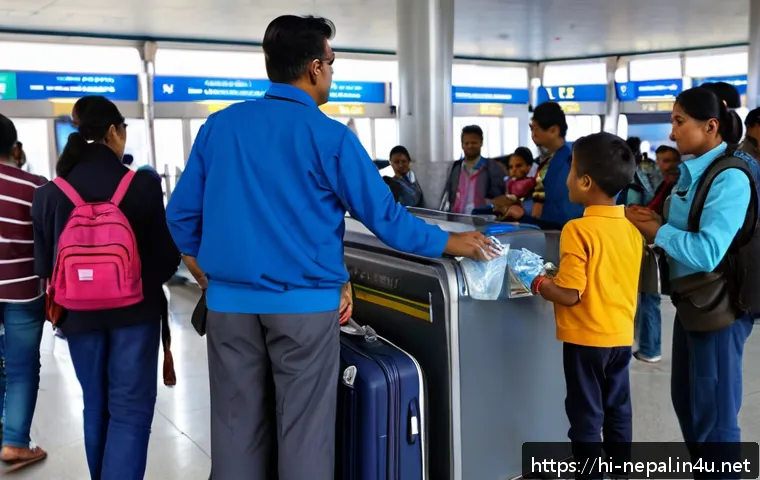 네팔의 공항 이용 팁 - A detailed scene of a busy Nepal airport security checkpoint with diverse travelers in casual, modes...