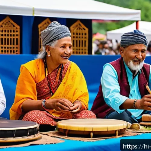 네팔의 음악 페스티벌 - A vibrant outdoor Nepalese music festival set in a lush mountain valley during daytime, featuring a ...