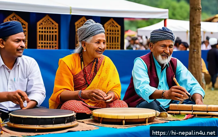 네팔의 음악 페스티벌 - A vibrant outdoor Nepalese music festival set in a lush mountain valley during daytime, featuring a ...