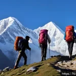 네팔의 고산병 예방을 위한 꿀팁 - A serene high-altitude trekking scene featuring a group of Hindi-speaking trekkers ascending slowly ...