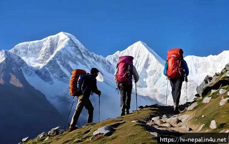 네팔의 고산병 예방을 위한 꿀팁 - A serene high-altitude trekking scene featuring a group of Hindi-speaking trekkers ascending slowly ...