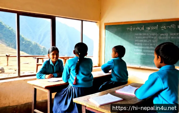 네팔의 독특한 교육 시스템 - Photorealistic rural Nepalese classroom, a warm and patient teacher guiding primary school children ...