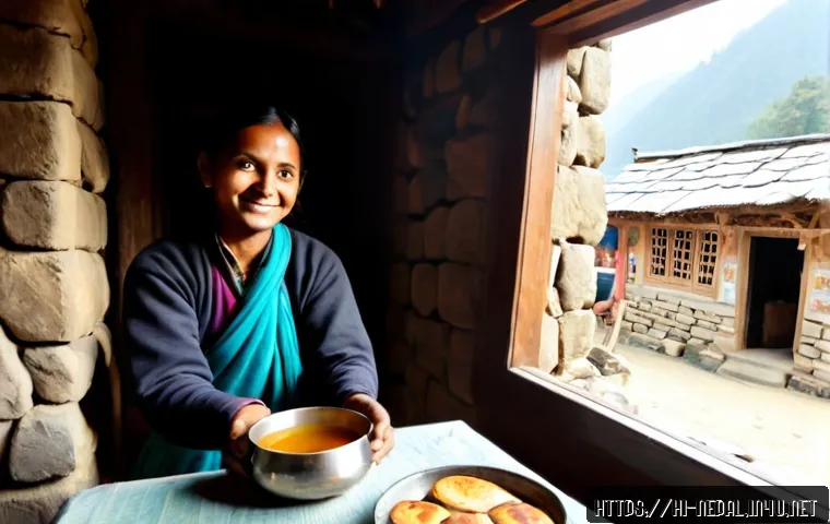 네팔에서의 특별한 경험  홈스테이 - Photorealistic warm Nepalese homestay breakfast scene, a friendly local host in modest traditional c...