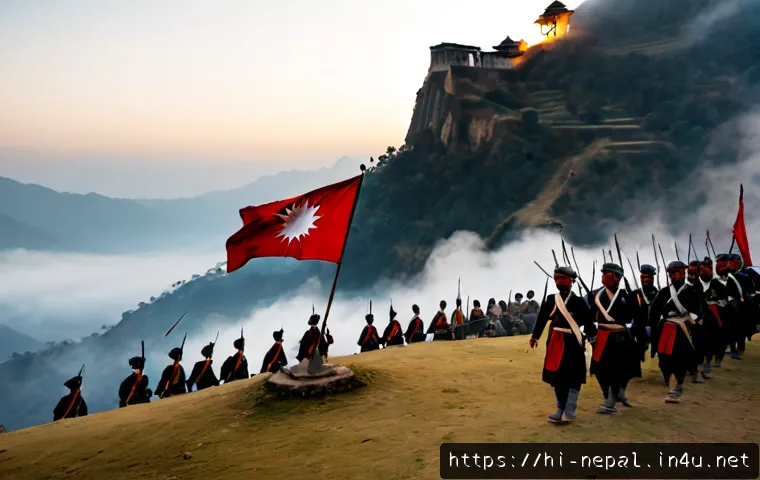 네팔의 역사적인 독립운동 - Photorealistic historical scene of early 19th-century Nepali defenders protecting a stone hill fort ...